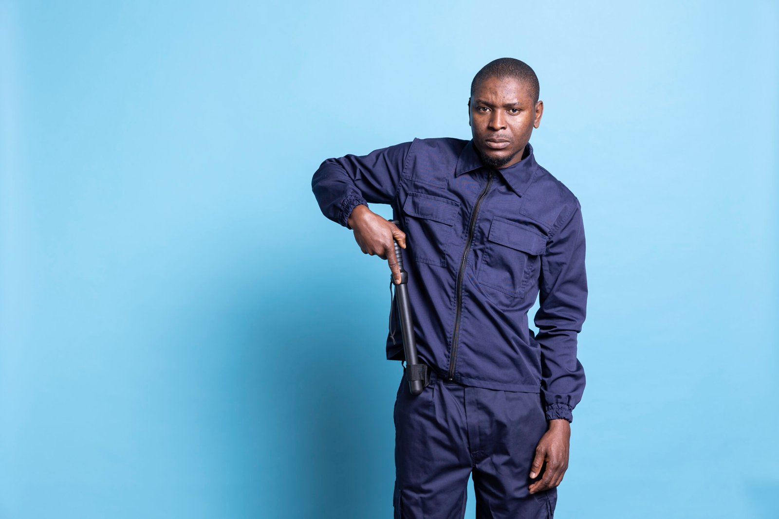 Security agent on duty taking out his baton against blue background, preparing for an attack or fight. Armed bodyguard in uniform holding his weapon getting ready for emergency defense.